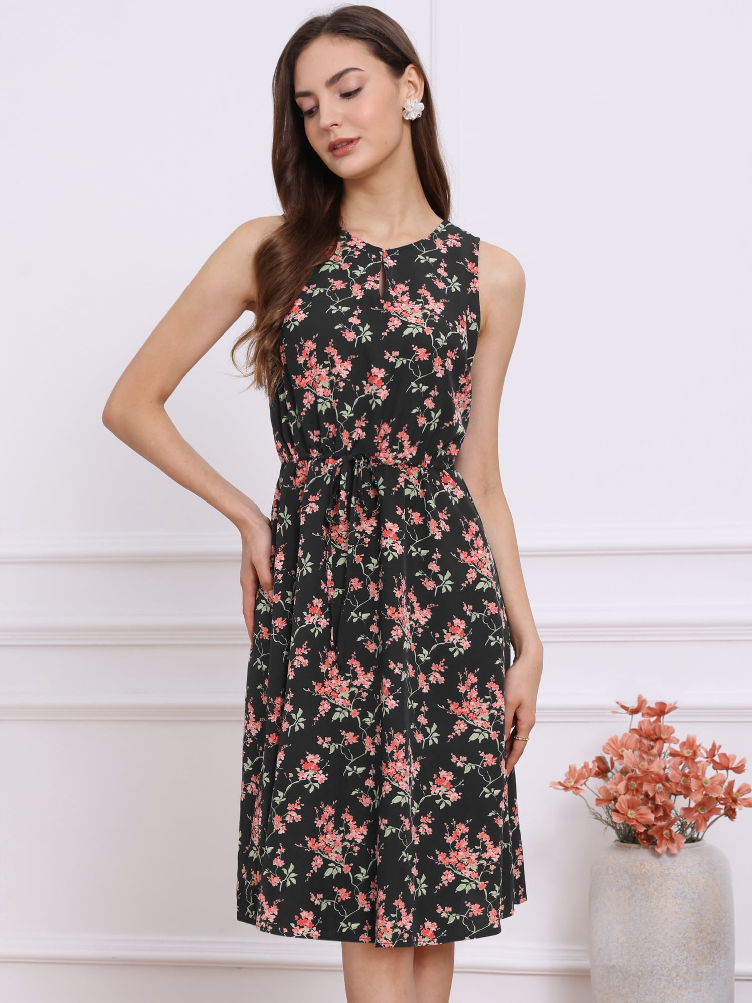 DARING DIVA Women's Midi Floral Summer Casual Sleeveless Dress S Black Red