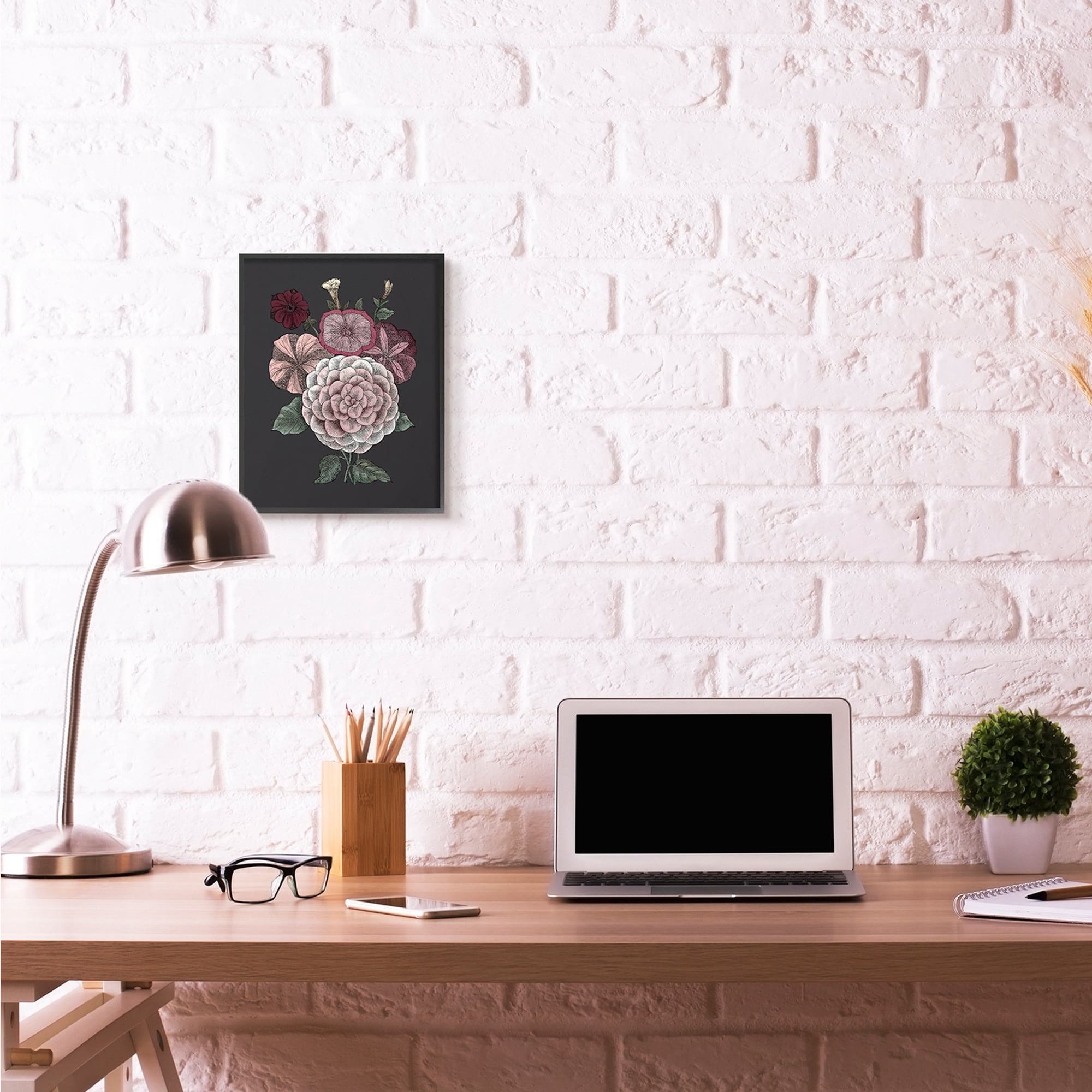 Stupell Industries Pink Flowers On Black Drawing Design Black Framed Art Print Wall Art, 11x14, by The Saturday Evening Post