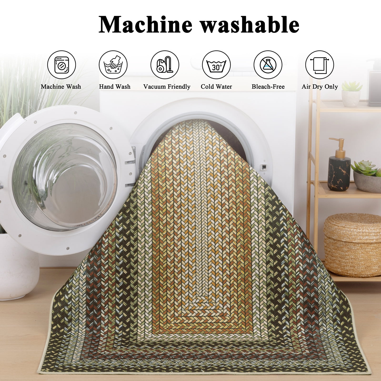 Braided Jute Print Area Rug Washable Non-Slip Pet Friendly Carpet with Concentric Design, Stain Resistant for Living Room, Bedroom & Home Office