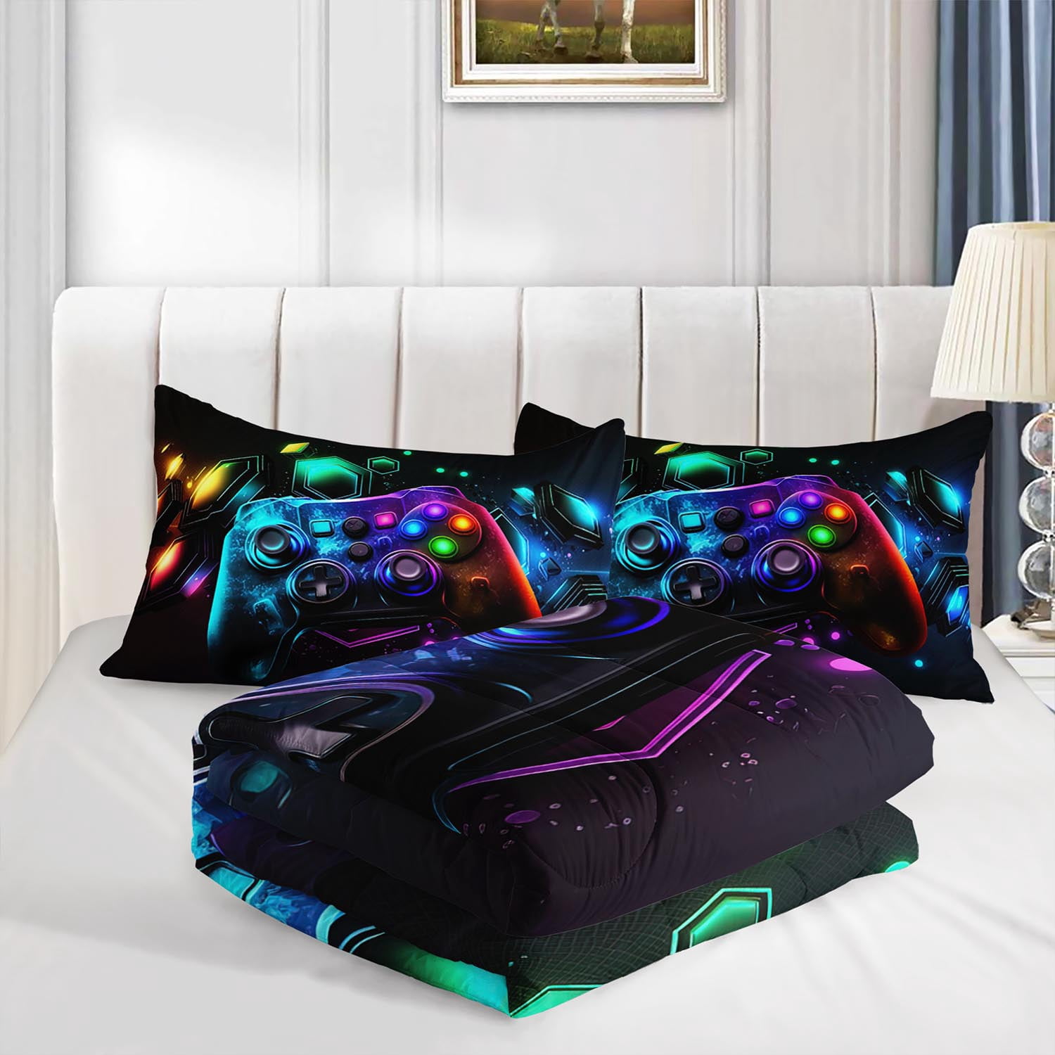 3pcs Gaming Controller Comforter Set, Neon Gamer Bedding Set for Bedroom or Guest Room Decor, All Seasons Quilt Machine Washable Duvet with 2 Pillowcases