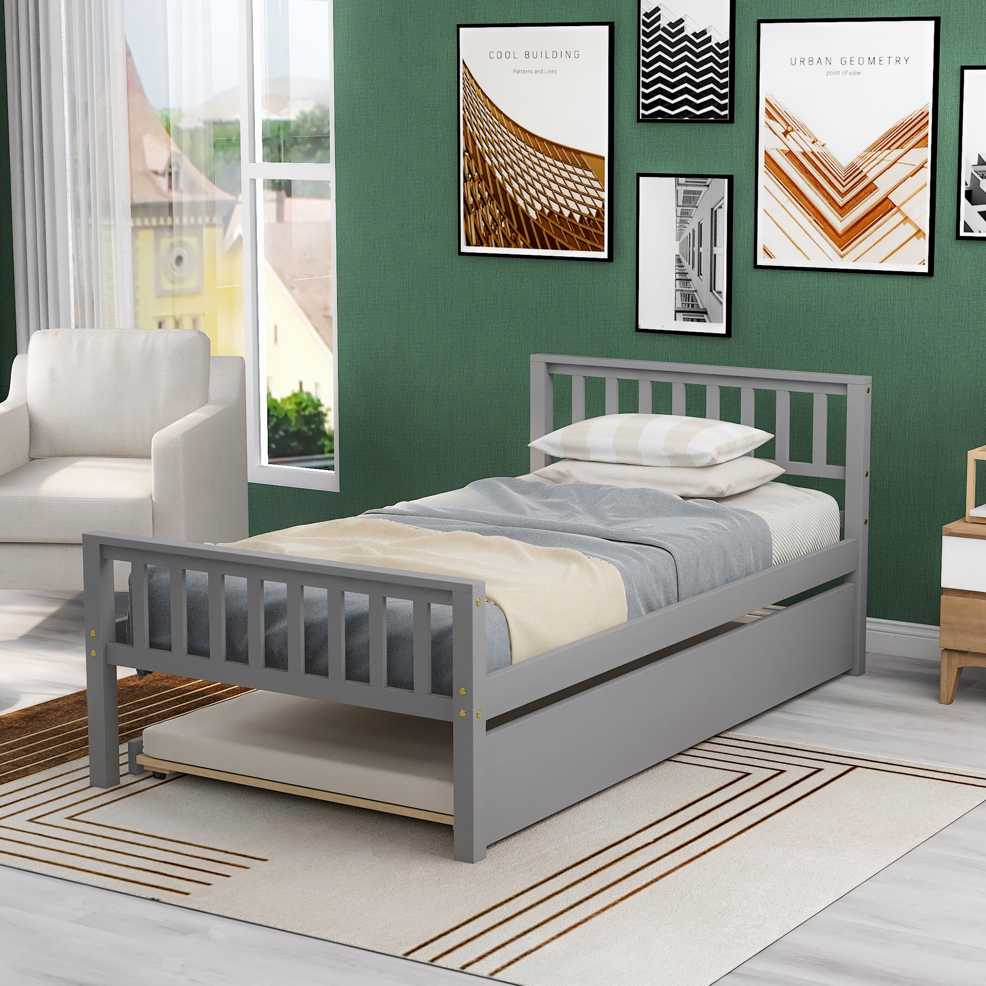 Gray Bed Frame Wooden Twin Platform, Make A Couch Out Of Twin Bed Frame