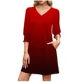 thumbnail image 2 of Qulqfy Casual Dresses for Women 3/4 Sleeve Mini Red Short Tunic V Neck Dresses Fall Womens Dresses M, 2 of 7
