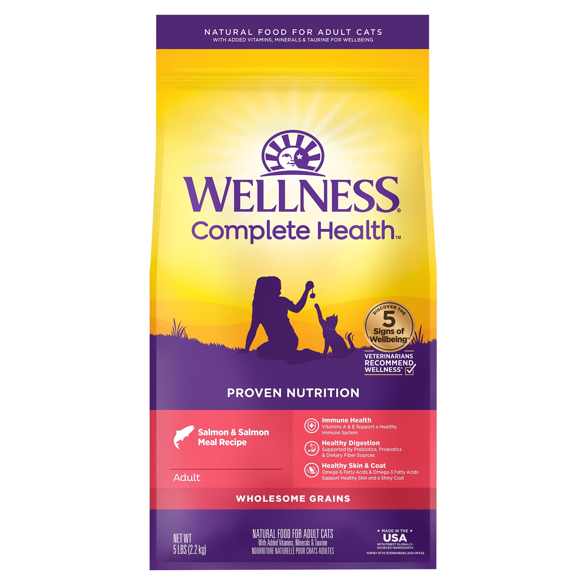 Wellness Complete Health Adult Dry Cat Food, Natural, Wholesome Grains Kibble, Salmon Recipe, 5 lb Bag