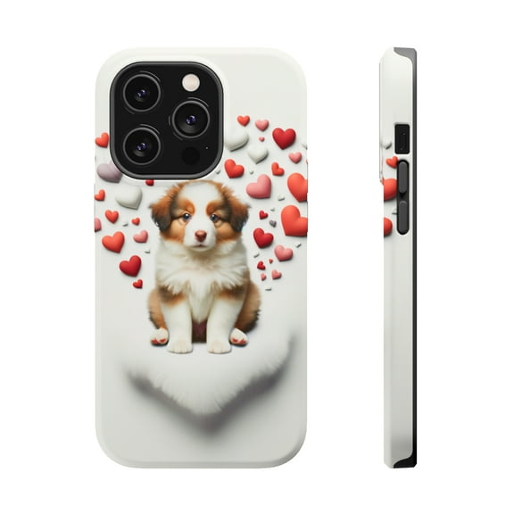 DistinctInk Tough Case for Apple iPhone 15 PRO (6.1" Screen), Compatible with MagSafe Charging - Valentine's Day Miniature American Shepherd Puppy