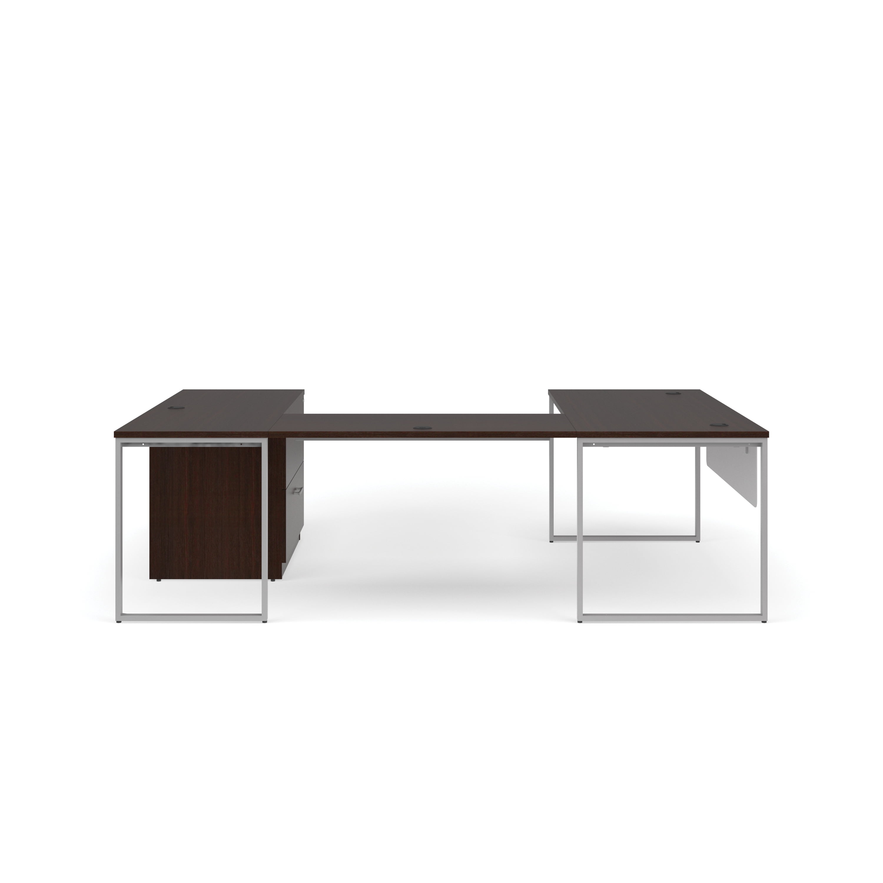 OFM Fulcrum Series Office Furniture Set, 66" U-Shaped Desk with Bridge, Credenza, Lateral Filing Cabinet, Modesty Panels, in Cherry