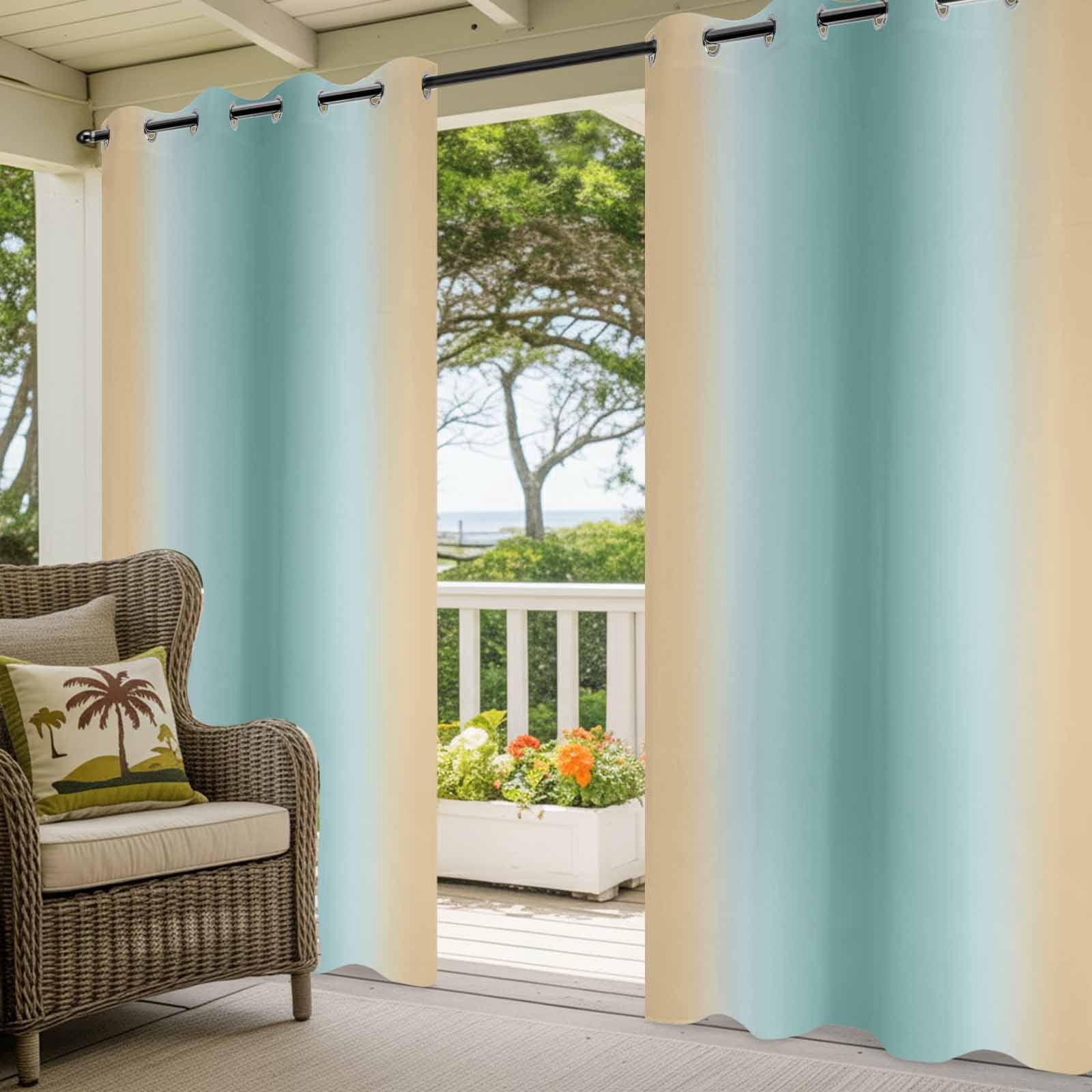 Outdoor Curtains for Patio Waterproof, Teal Yellow Ombre Windproof Pravicy Outside Porch Blackout Curtain, Farmhouse Modern Gradient Art Sun Blocking Grommets Curtains for Cabana 2 Panels 54"x84"