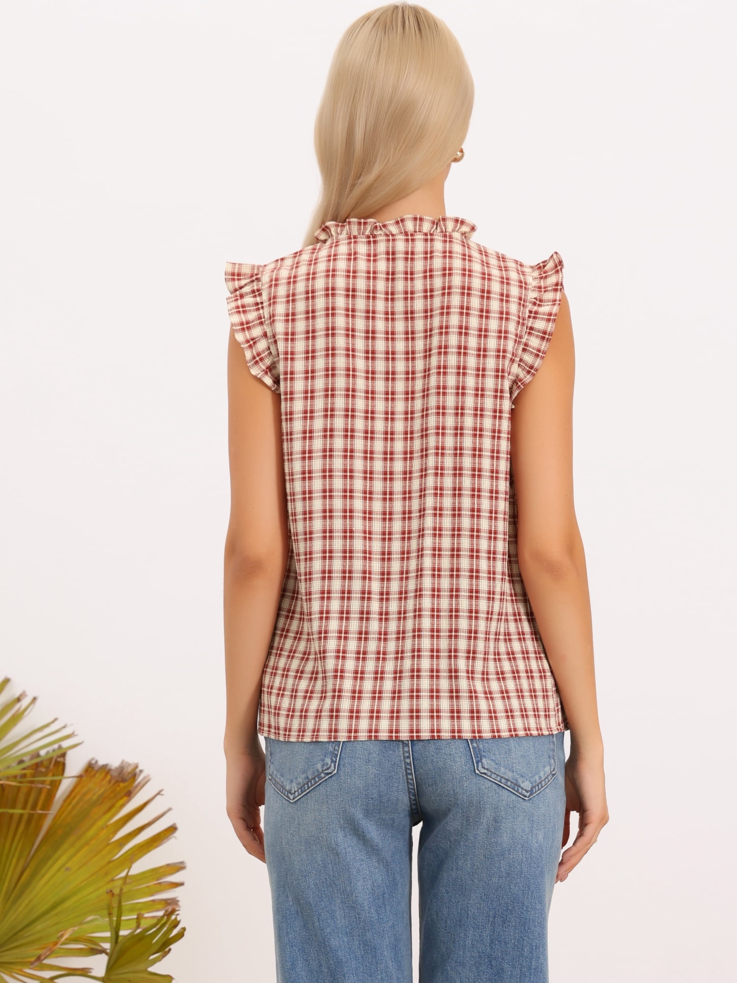 DARING DIVA Women's Gingham Top Summer Ruffle Cap Sleeve V Neck Plaid Cute Shirts L Red
