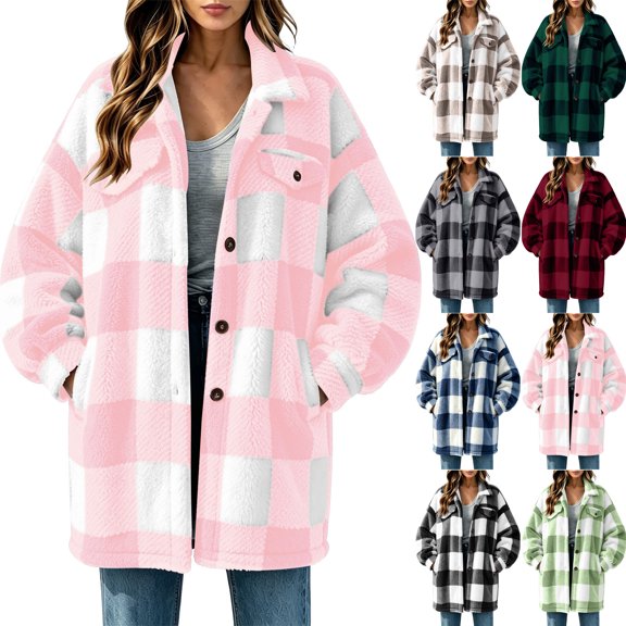 Button Down Plaid Jacket for Women,Turned-Down Collar Warm Fleece Shacket Coat with Pockets for Fall and Winter