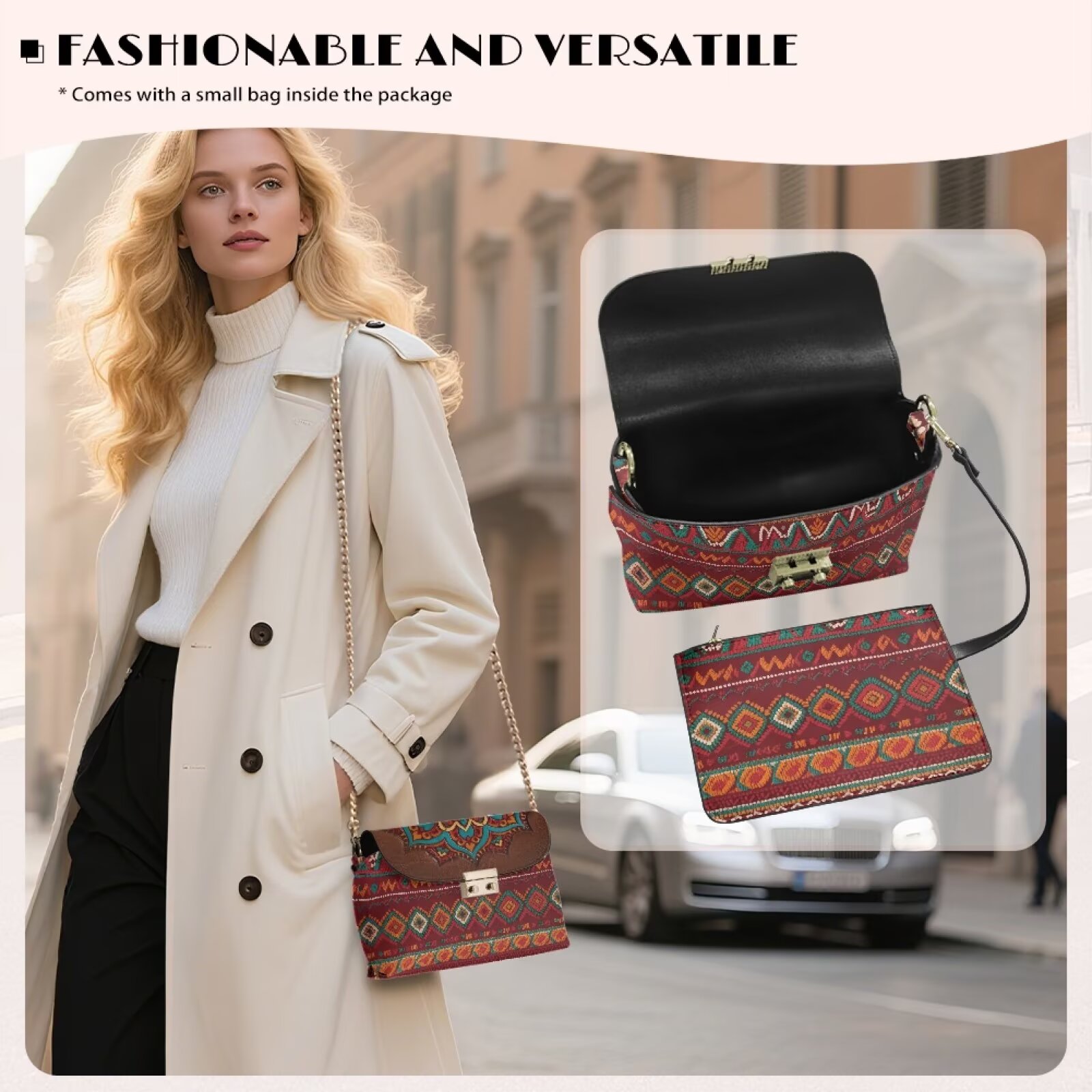 Pzuqiu Aztec Tribal Leather Crossbody Bags for Women Minimalist Vintage Leather Quilted Shoulder Bag with Chain Strap Craftsmanship for Party and Special Occasions
