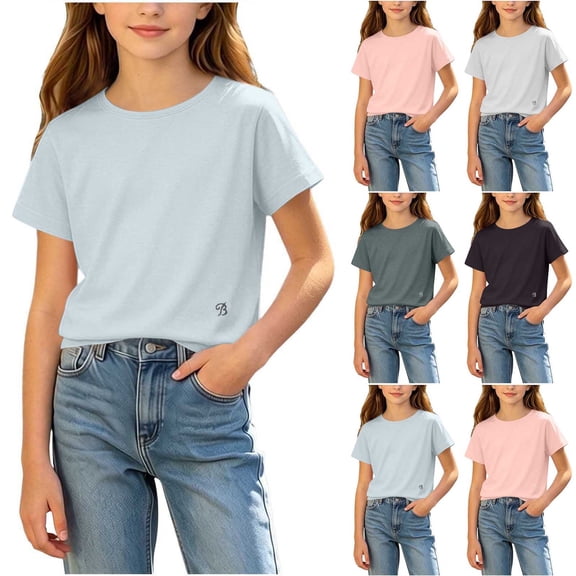 FRSASU Girls T Shirts 100% Cotton Short Sleeve Tops Kids Summer Casual Crewneck Basic Tees 3-15 Years White