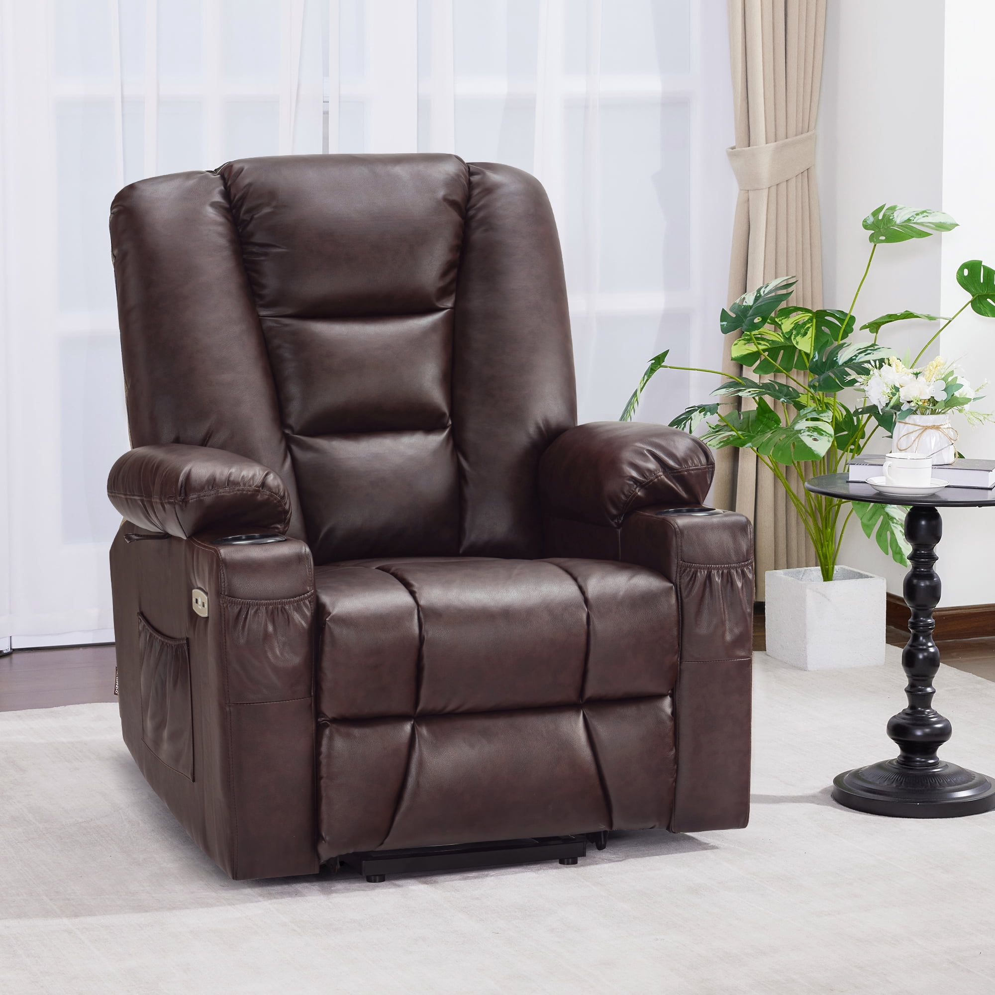 MCombo Power Lift Recliner Chair with Massage and Heat for Elderly People, Faux Leather 7519 (Medium, Dark Brown)