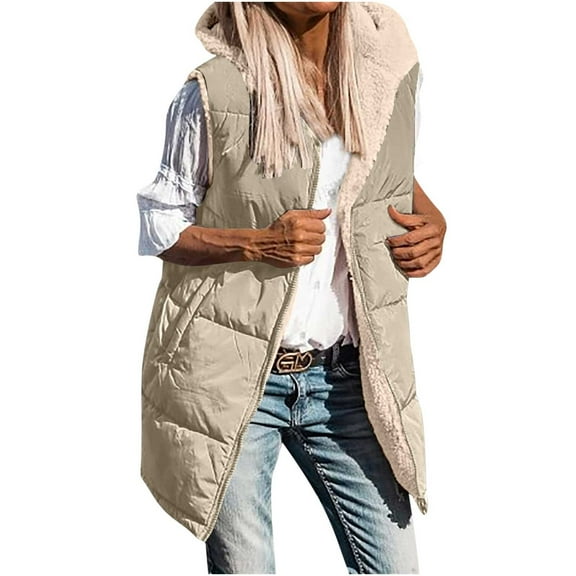 HTNBO Fall Long Puffer Vest Women Sleeveless Hooded Reversible Fleece Sherpa Jacket Zip Up Winter Coat Outerwear Vests