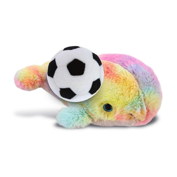 DolliBu Rainbow Whale Stuffed Animal with Soccer Ball Plush - Soft Huggable Shark, Adorable Playtime Plush Toy, Cute Ocean Life Gift, Super Soft Plush Doll Animal Toy for Kids and Adults - 7 Inches