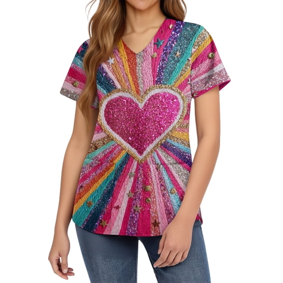 Womens Valentine's Day Scrub Tops Funny Glitter Heart Graphic Short Sleeve V-Neck Scrub Shirts Valentine's Day Nurse Uniforms Workwear Tops with Pockets