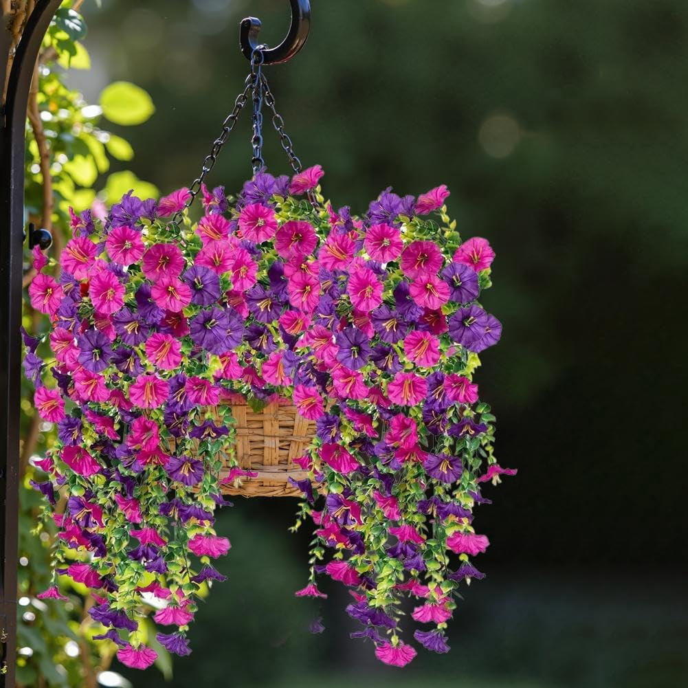 Artificial Hanging Flowers for Outdoors, 2 Pcs Faux Silk Morning Glory with Eucalyptus Leaves, UV Resistant Hanging Vine for Spring Garden Porches Decor
