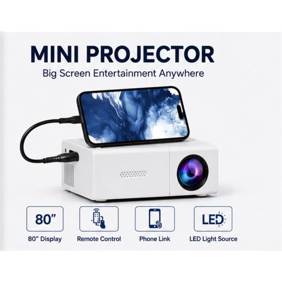 Portable Mini Projector for Entertainment, 1080P Video Support, USB Powered, Android Wired Screen Mirroring via App, HDMI/USB/AV/SD Inputs, Built-in Speaker for Bedroom, Travel & Camping