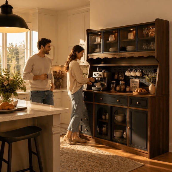 63" Farmhouse Coffee Bar Cabinet with Hutch & Power Outlet, Large Buffet Cabinet with 6 Drawers, Adjustable Shelves & Sliding Glass Doors, Kitchen Pantry Storage Cabinet for Dining Room (Brown Black)