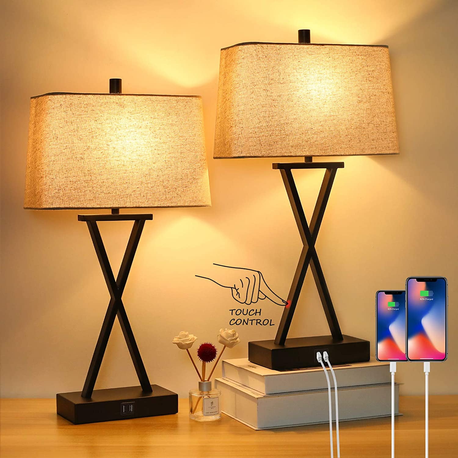 Set of Touch Control 3-Way Dimmable Table Lamp Modern Nightstand Lamp  with USB Port Bedside Desk Lamp with Fabric Shade for Living Room Bedroom  Hotel, Cream, Bulbs Included
