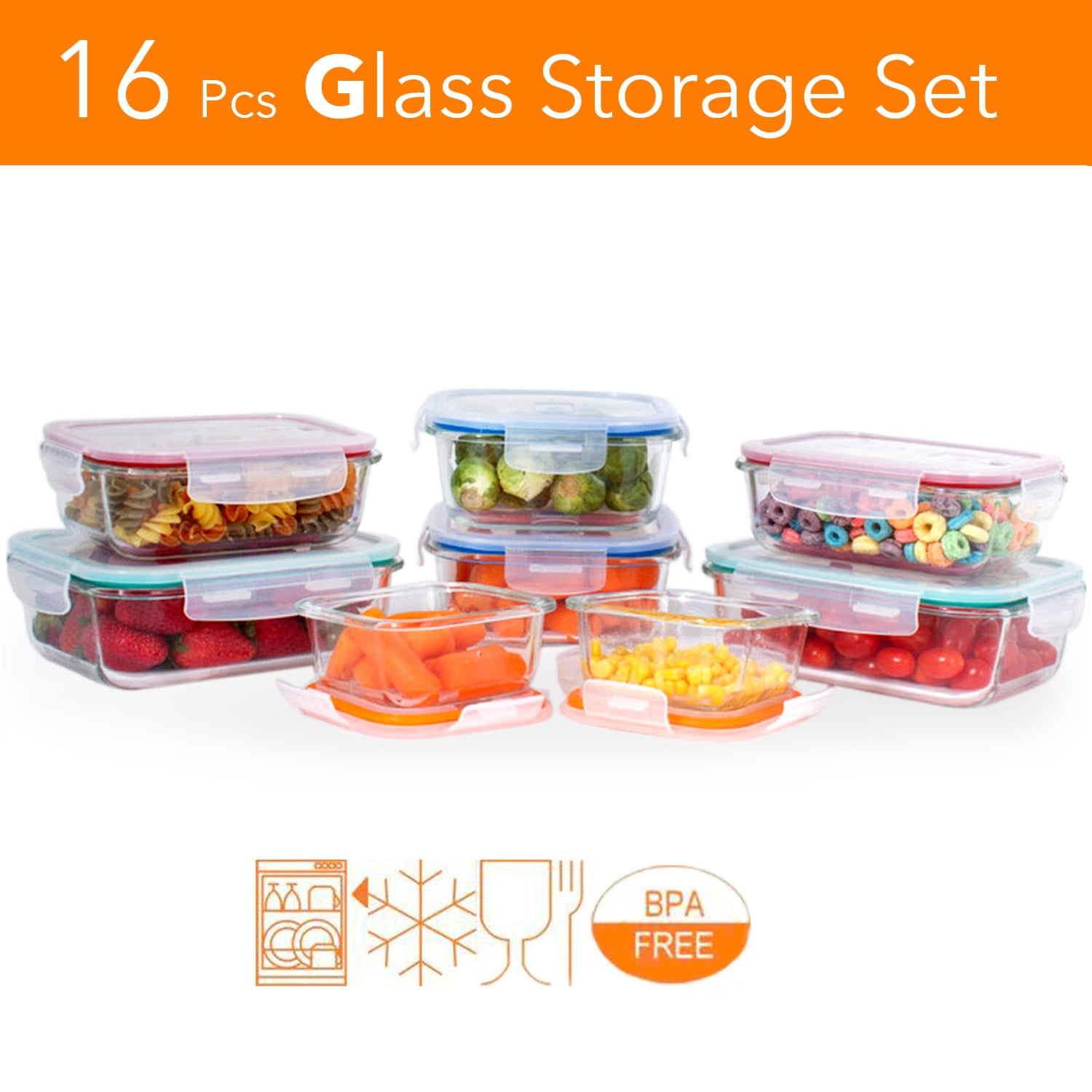 18 piece Glass Food Container Set with Locking Lids - BPA Free ...