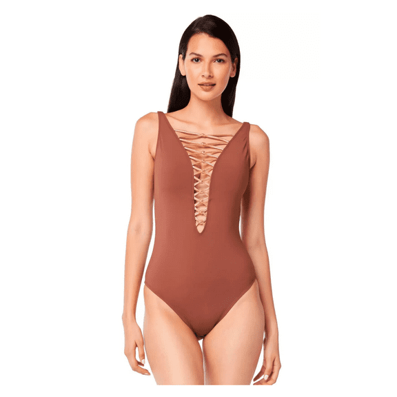 Bleu by Rod Beattie Women's Core-Lace-Down Mio One-Piece Swimsuit, Cinnamon, 8