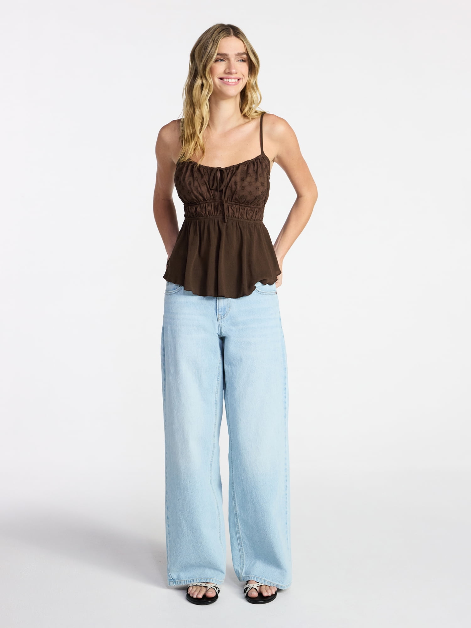 No Boundaries Eyelet Tie Front Cami, Women's XXS-XXL