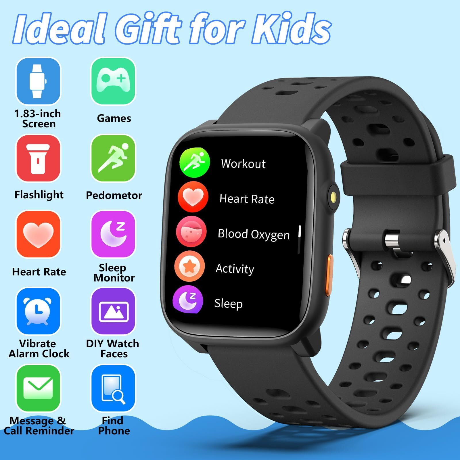 Kids Smart Watch 1.85" Upgrade - Fitness Tracker with Heart Rate Sleep Monitor Pedometer, 100+ Sports Modes, 12 Puzzle Games, Activity Tracker for Boys Girls Teens Aged 6-15 Outdoor Fun (Black)