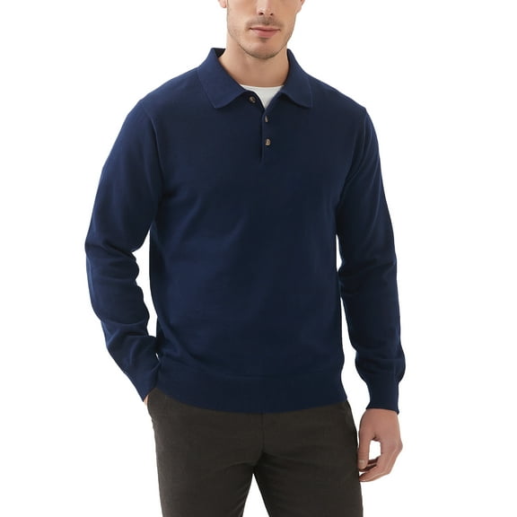 Kallspin Men's Cotton Knit Polo Sweater Business Casual Long Sleeve Pullover Sweater(Navy Blue,X-Large)