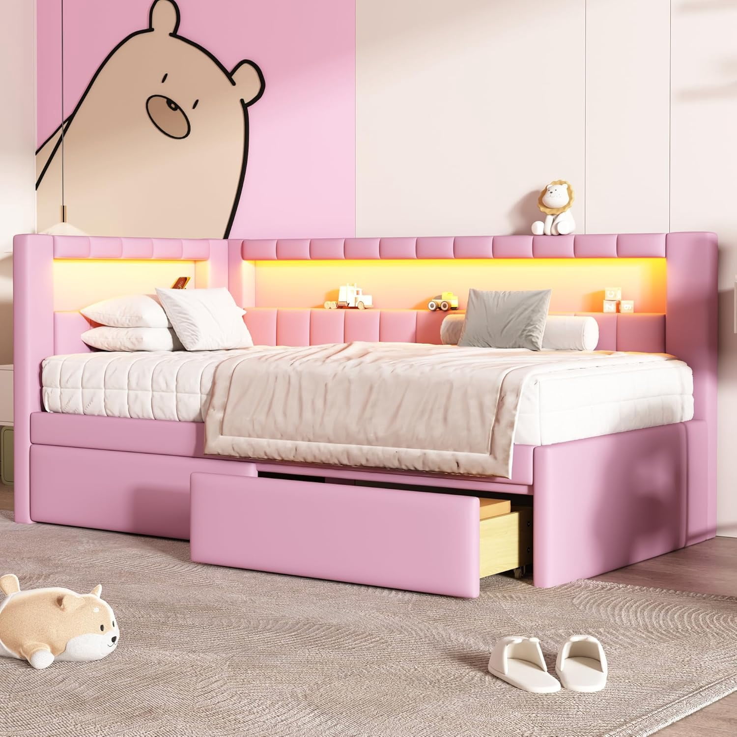 AISWORD Twin Size Daybed with Storage Drawers and L-Shaped Bookshelf Headboard, Upholstered Soft Corner Bed with Shelves, Charging Station and LED Belt, Pink