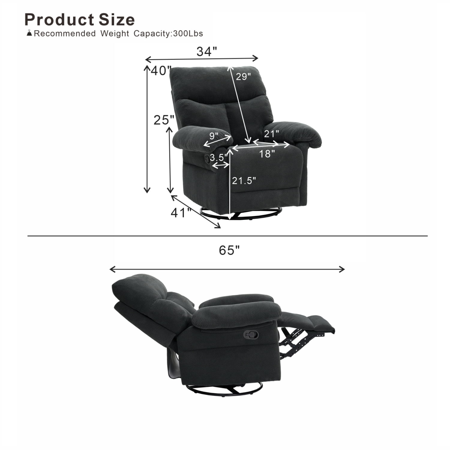 TiramisuBest Manual Swivel Rocker Recliner Chair,Overstuffed Fabric Glider Armchair for Living Room,Dark Gray