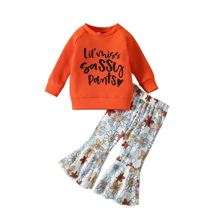 

KmaiSchai Toddler Girl Sets Outfits Kids Toddler Girls Autumn Winter Floral Letter Cotton Ribbed Long Sleeve Pullover Sweatshirt Bell Bottom Flared Pants Set Clothes Sporty Leggings For Teen Gi