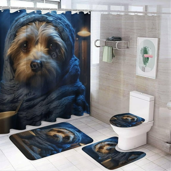 4PCS Modern Fun Dog Bathroom Set with Rugs and Toilet Lid Cover Blue Scarf Country Animals Waterproof Shower Curtain Set for Bathroom Decor, Style-3