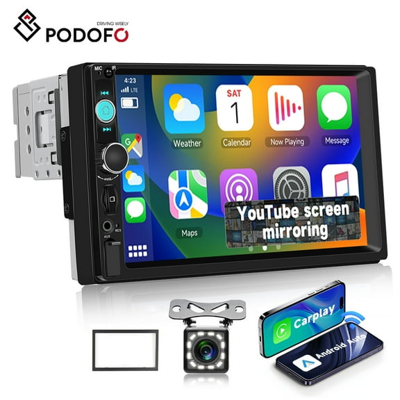 Podofo Single Din Car Stereo Wireless Apple Carplay and Android Auto, 7 Inch Touch Screen Radio with Bluetooth, 1 Din MP5 Car Multimedia Player Support USB Charge, EQ, AUX/TF/SWC/DVR Backup Camera