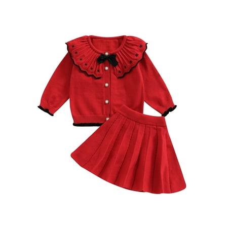 

Canrulo Toddler Baby Girls Spring Fall Outfit Long Sleeve Bowknot Knitted Shirt Sweater Top Mini Pleated Skirt 2Pcs Clothes Red 3-4 Years