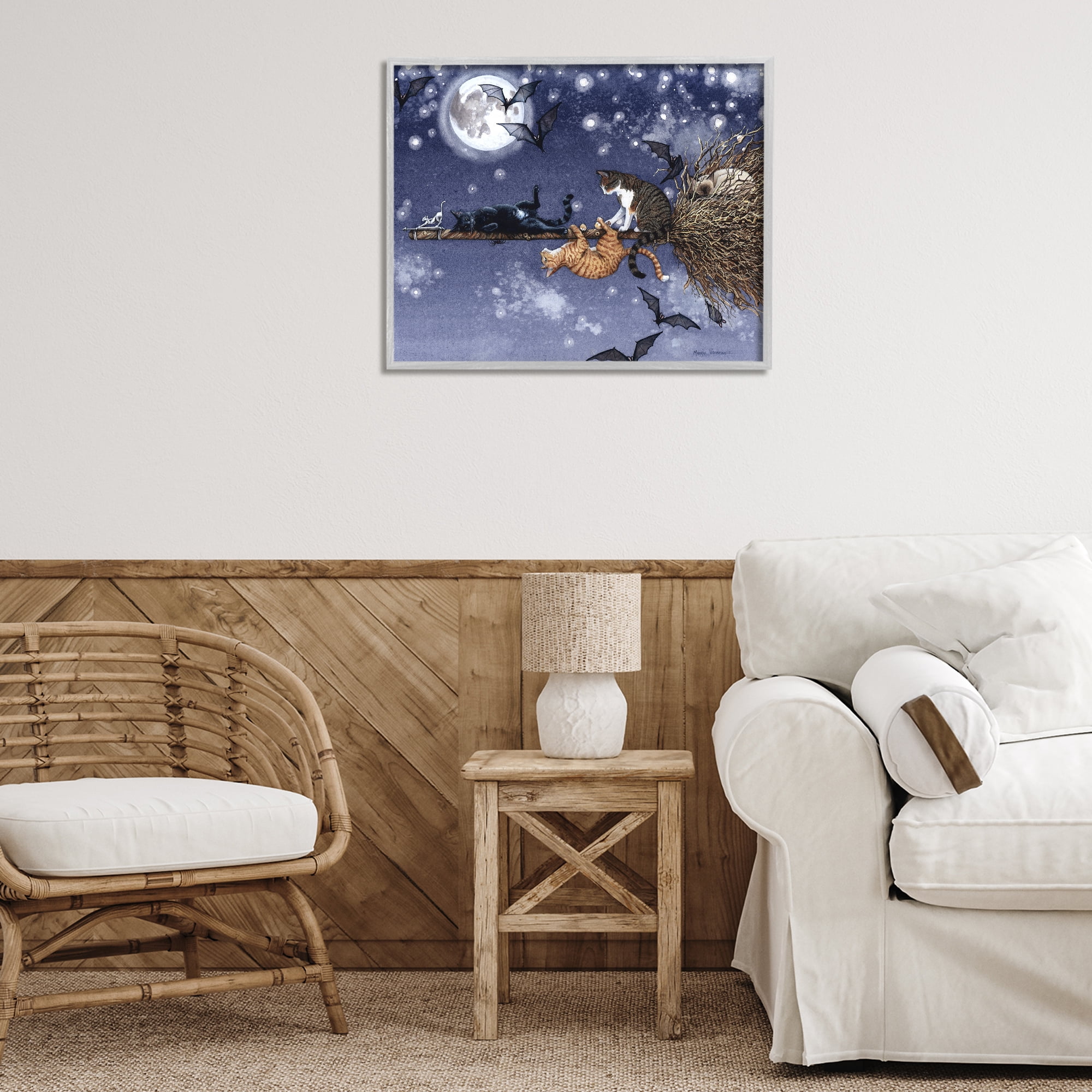 Stupell Industries Joyriding Cats on Broom Holiday Painting Gray Framed Art Print Wall Art, 30 x 24
