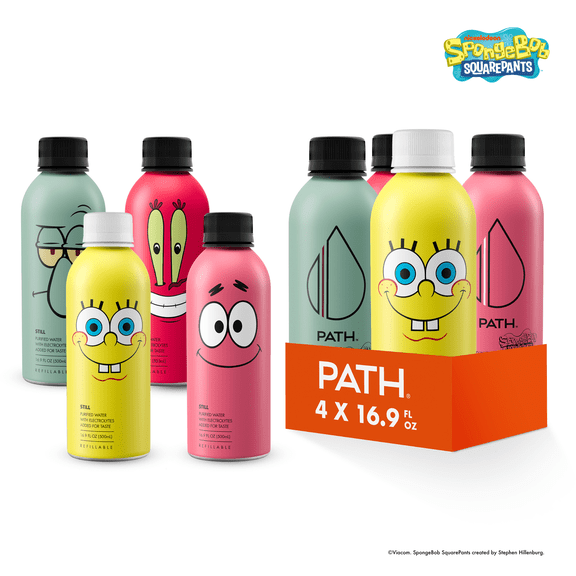 PATH Water Ultra-Purified Still Water, 16.9 fl oz, 4 pack Aluminum Bottles, Limited Edition Spongebob Variety Pack