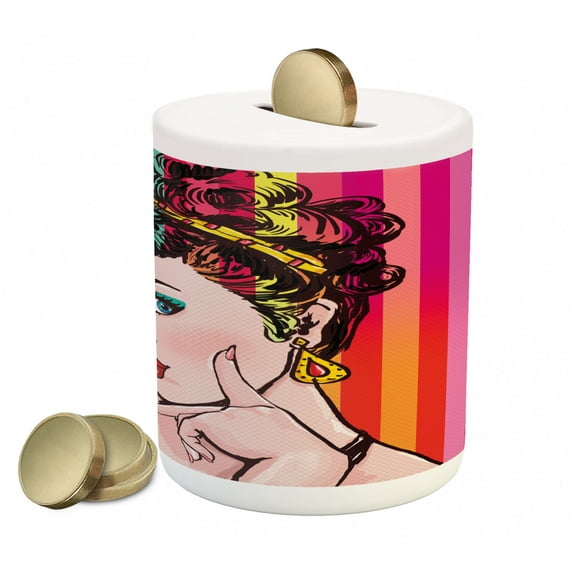 Art Piggy Bank, Blue Eyed Woman with Striped Background Pop Art Advertising Retro, Ceramic Coin Bank Money Box for Cash Saving, 3.6" X 3.2", Red Eggshell Multicolor, by Ambesonne