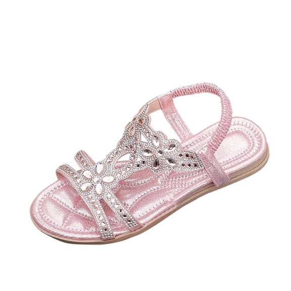 Lovskoo Bohemian Ethnic Rhinestone Flat Sandals for Women Elastic Back Strap Roman Open Toe Summer Casual Dressy Shoes