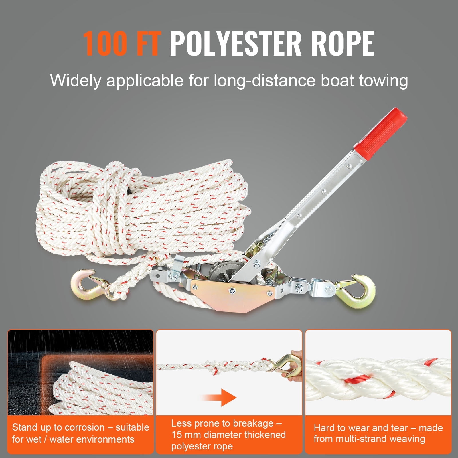 KFFKFF Cable Tugger, 0.75 Ton (1,653 lbs) Load Capacity, Includes 100 ft of 0.6 inch Diameter Rope, Dual Hooks, Manual Hand Winch, Robust Ratcheting System for Boat Movement, Item Securing
