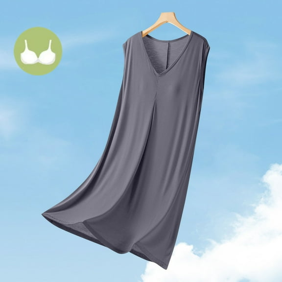 Blmnix Sleep Tanks Nightgown for Women Moomoo Nightgowns Cotton Nightgowns Nightgowns Below-the-Knee Gray Sleeveless V-Neck Mumu Nightgown,L