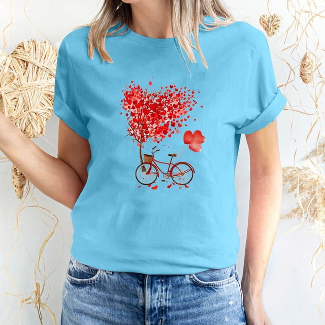 T-shirt à Manches Courtes Imprimé Amour de la Saint-Valentin pour Femmes, Col Rond