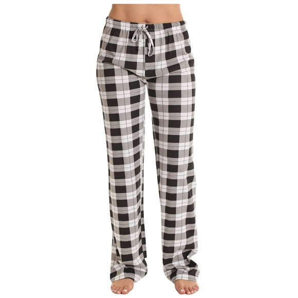 Women's Casual Lounge Pants Plaid Elastic Waist Drawstring Wide Leg Pants Loose Fit Workout Trousers Pajama Pants