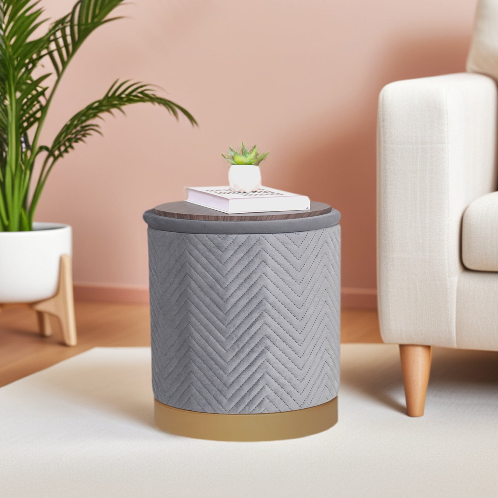 PINPLUS 15" Round Storage Ottoman with Tray Gold Edge Stool Leg Foot Rest for Living Room Gray,Velvet Fabric