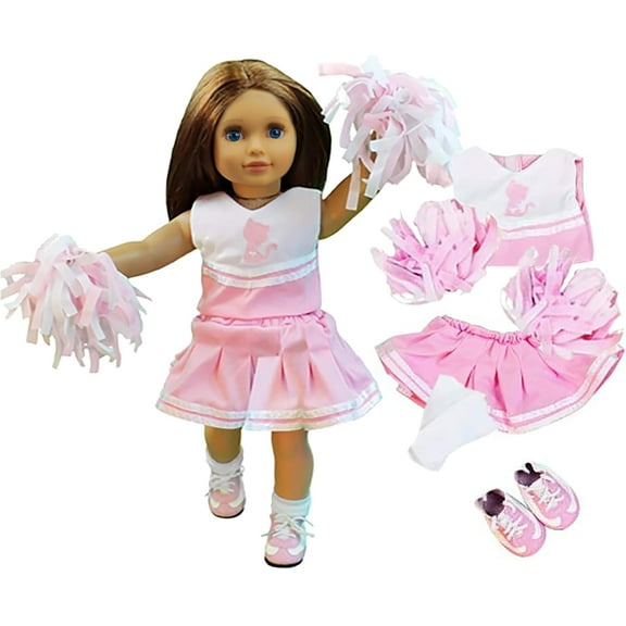 5pc Cheerleader Uniform Doll Outfit for 18" Dolls - Compatible w American Girl- Clothes & Accessories Set Includes Pom Poms, Uniform, Socks, & Cheer Shoes