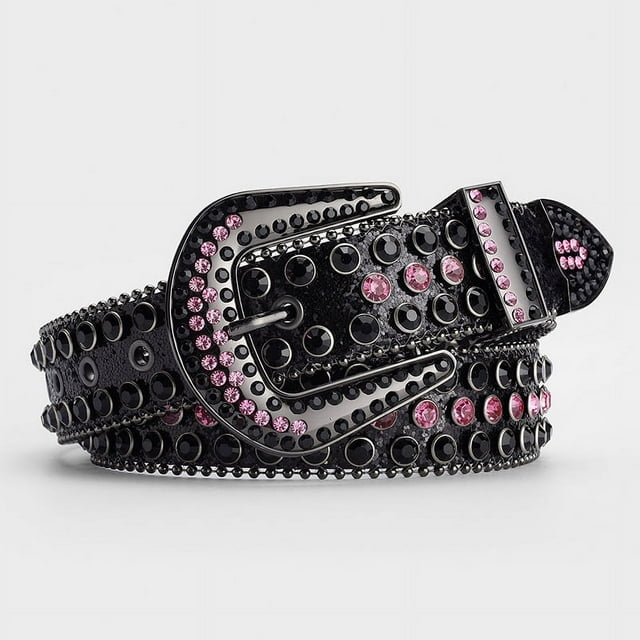 Zhuge Cinturón de diamantes de imitación para hombres y mujeres, cinturón de cuero con brillantes para vaqueros (negro y rosa)