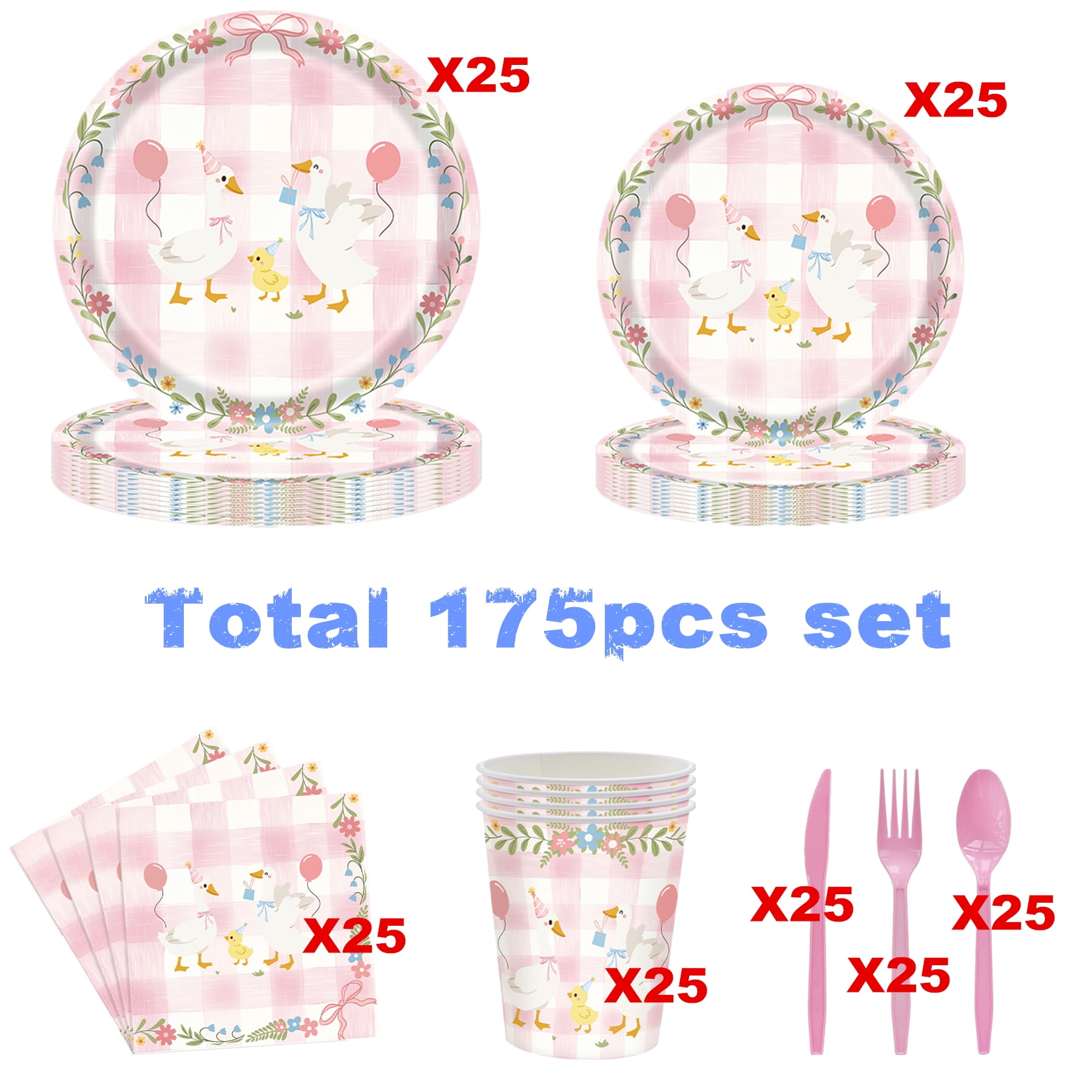 175Pcs Silly Goose Birthday Party Tableware Set, Pink Gingham Silly Goose Paper Plates and Napkins Pink Bow Duck Tableware Set for Kids Girls Baby Shower 1st Birthday Party Decoration, Serve 25