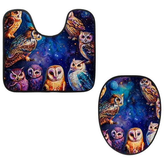 PhooArto Toilet Lid Cover and U-Shaped Toilet Floor Mat Set of 2 Pieces, Colors Owls on Galaxy Toilet Mat Set, Machine Washable Seat Covers Non-Slip Absorbent Rugs