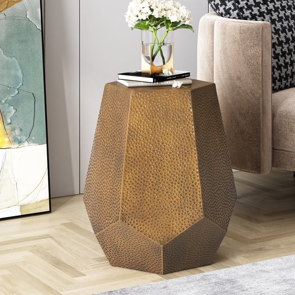 Noble House Minkler Hammered Metal Geometric Side Table, Brushed Antique Gold