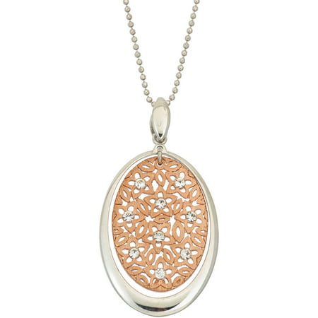 Giuliano Mameli Crystal Accent 14kt Rose Gold-Plated Sterling Silver Matte-Finished Oval Star Pattern White Polished Frame Pendant with Chain