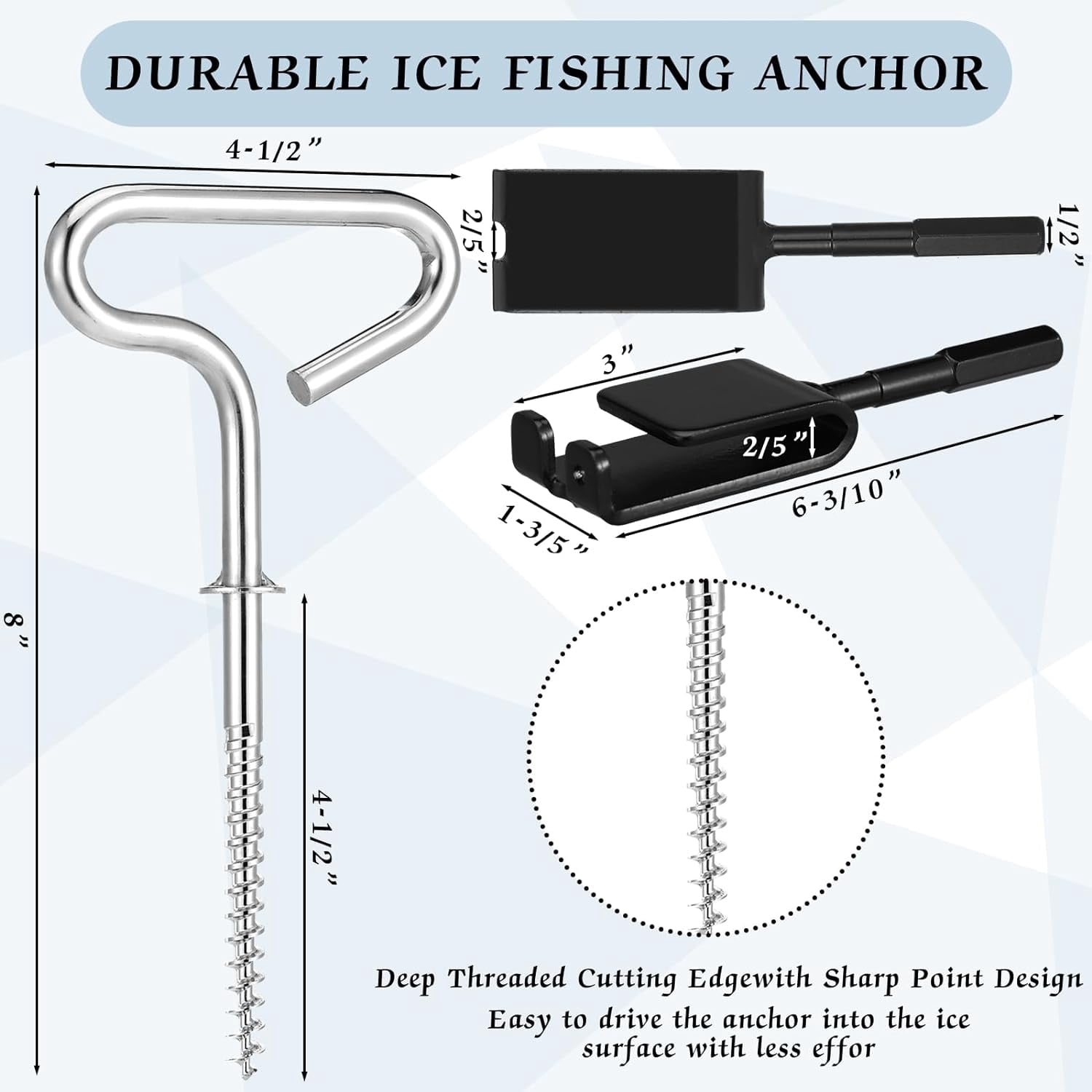 Ice Anchor Tool Kit Includes Ice Anchor Drill Adapter 8 Threaded Peg Ice Fishing Shelter Stake Nail 2 Impact Socket,Black & Silver