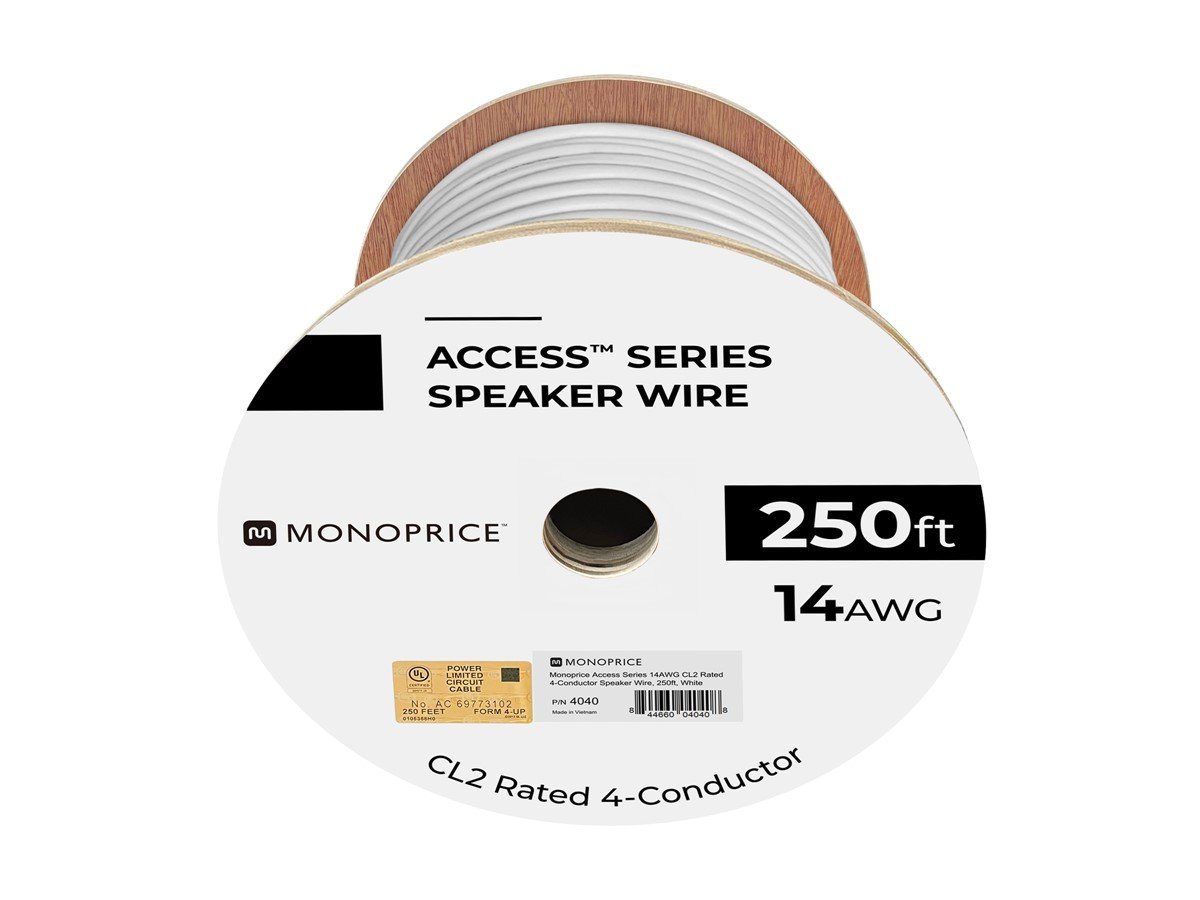Monoprice Speaker Wire, CL2 Rated, 4-Conductor, 14AWG, 250ft, White